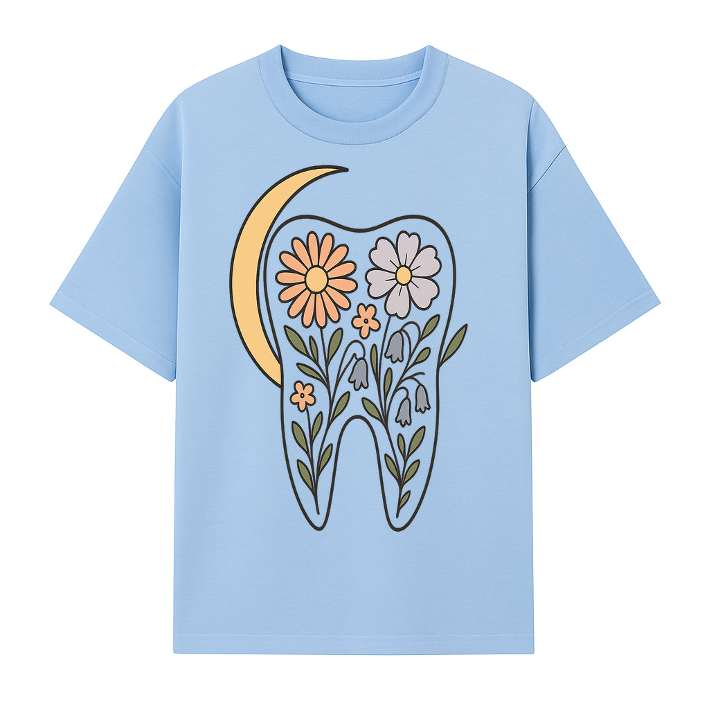 Floral Tooth Illustration with Moon Design - Vintage Style Dental Art Print for Home Decor and Gift - T-shirt 1758250136203.jpg
