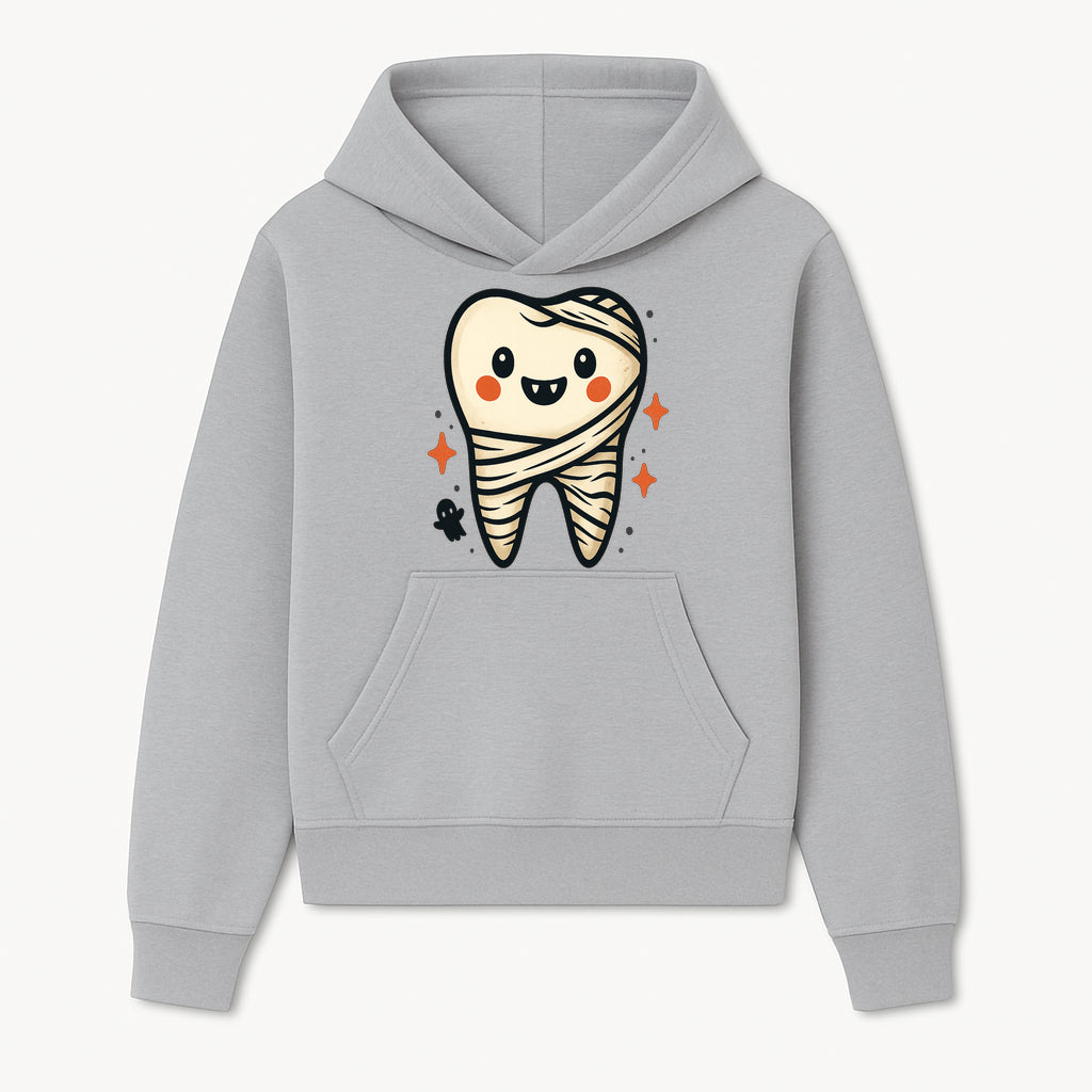 Cute Halloween Tooth Character Art Print - Spooky Mummy Tooth with Ghost and Sparkles - Whimsical Decor for Kids' Rooms - Hoodie 1758250136206.jpg