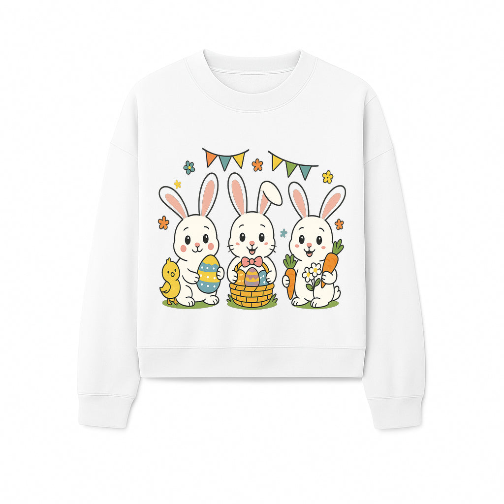 Easter Bunny Celebration Art Print | Cute Bunnies with Eggs, Carrots & Chick | Spring Holiday Decor for Kids' Rooms - Sweatshirt 1758250136323.jpg