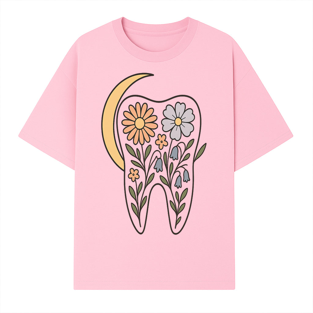 Floral Tooth Illustration with Moon Design - Vintage Style Dental Art Print for Home Decor and Gift - T-shirt 1758250136335.jpg