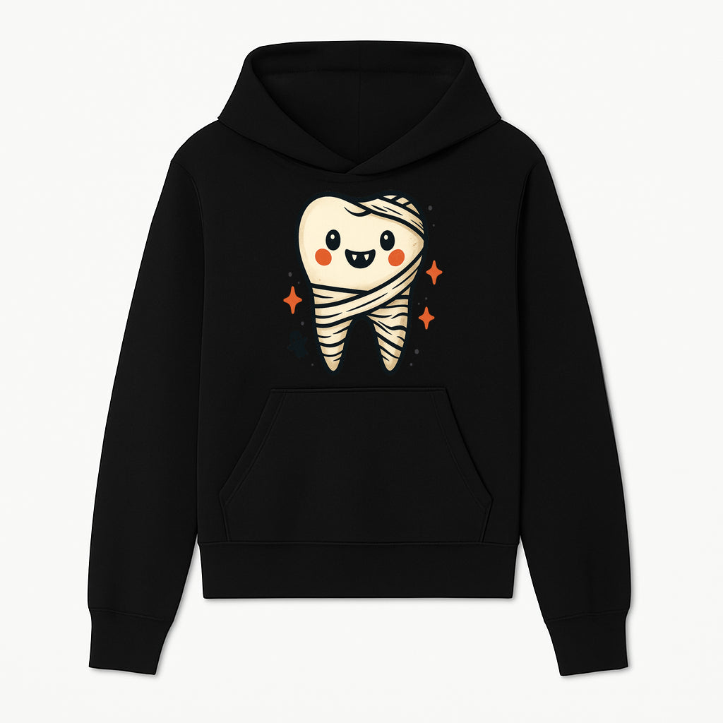 Cute Halloween Tooth Character Art Print - Spooky Mummy Tooth with Ghost and Sparkles - Whimsical Decor for Kids' Rooms - Hoodie 1758250136381.jpg