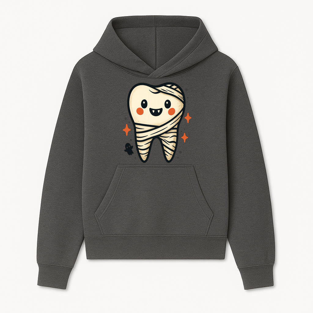 Cute Halloween Tooth Character Art Print - Spooky Mummy Tooth with Ghost and Sparkles - Whimsical Decor for Kids' Rooms - Hoodie 1758250136524.jpg