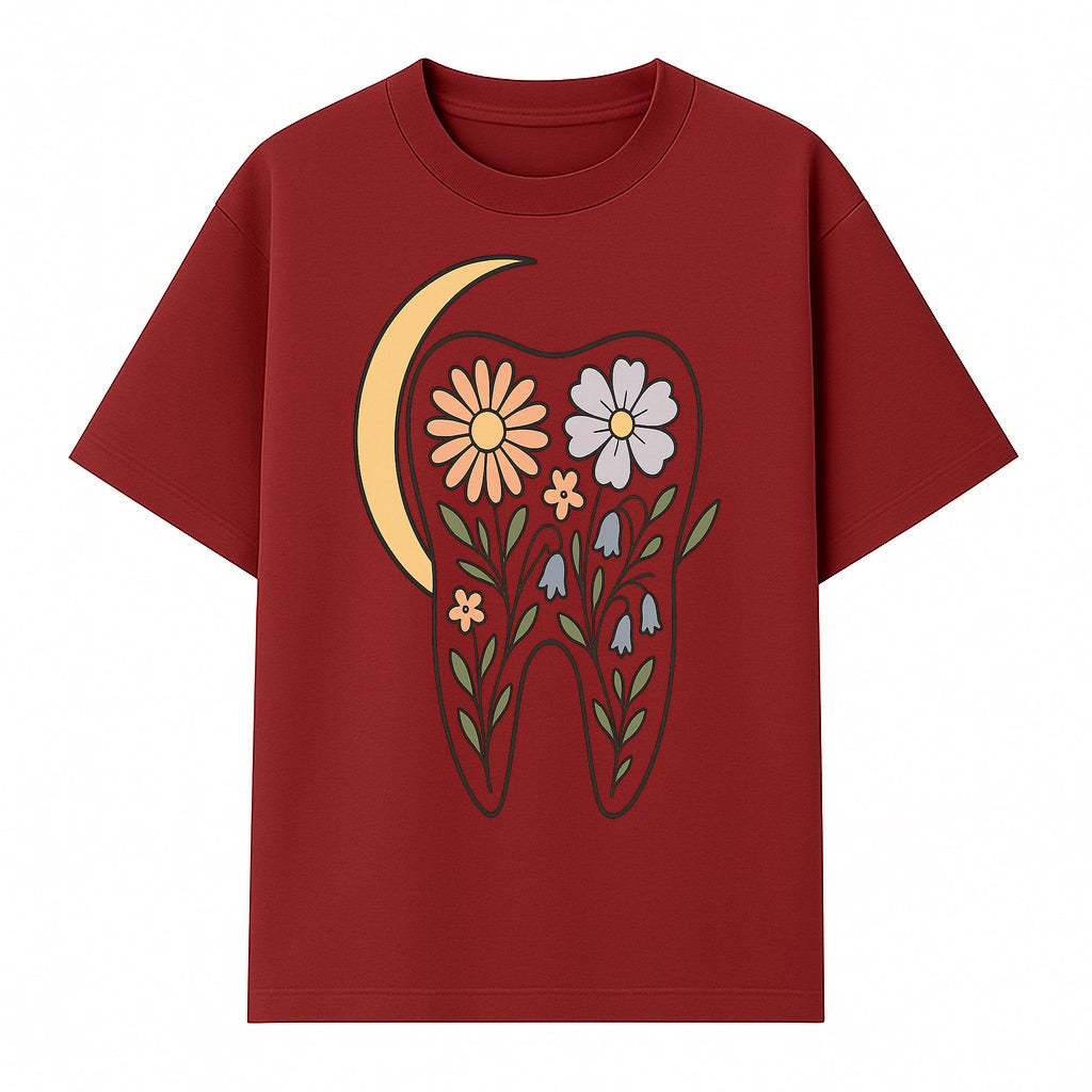 Floral Tooth Illustration with Moon Design - Vintage Style Dental Art Print for Home Decor and Gift - T-shirt 1758250136532.jpg