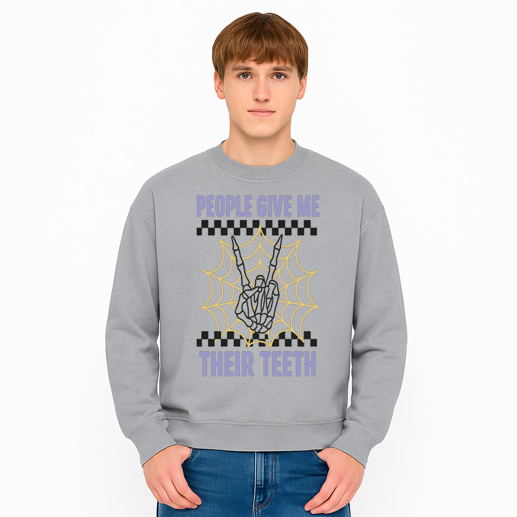 Spooky Skeleton Hand Art Print - 'People Give Me Their Teeth' Gothic Decor, Halloween Wall Art, Unique Gift Idea - Sweatshirt 1758250136620.jpg