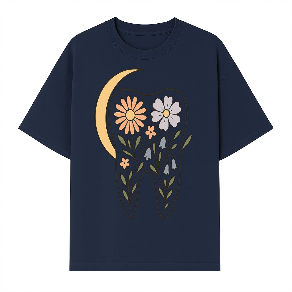 Floral Tooth Illustration with Moon Design - Vintage Style Dental Art Print for Home Decor and Gift - T-shirt 1758250136663.jpg