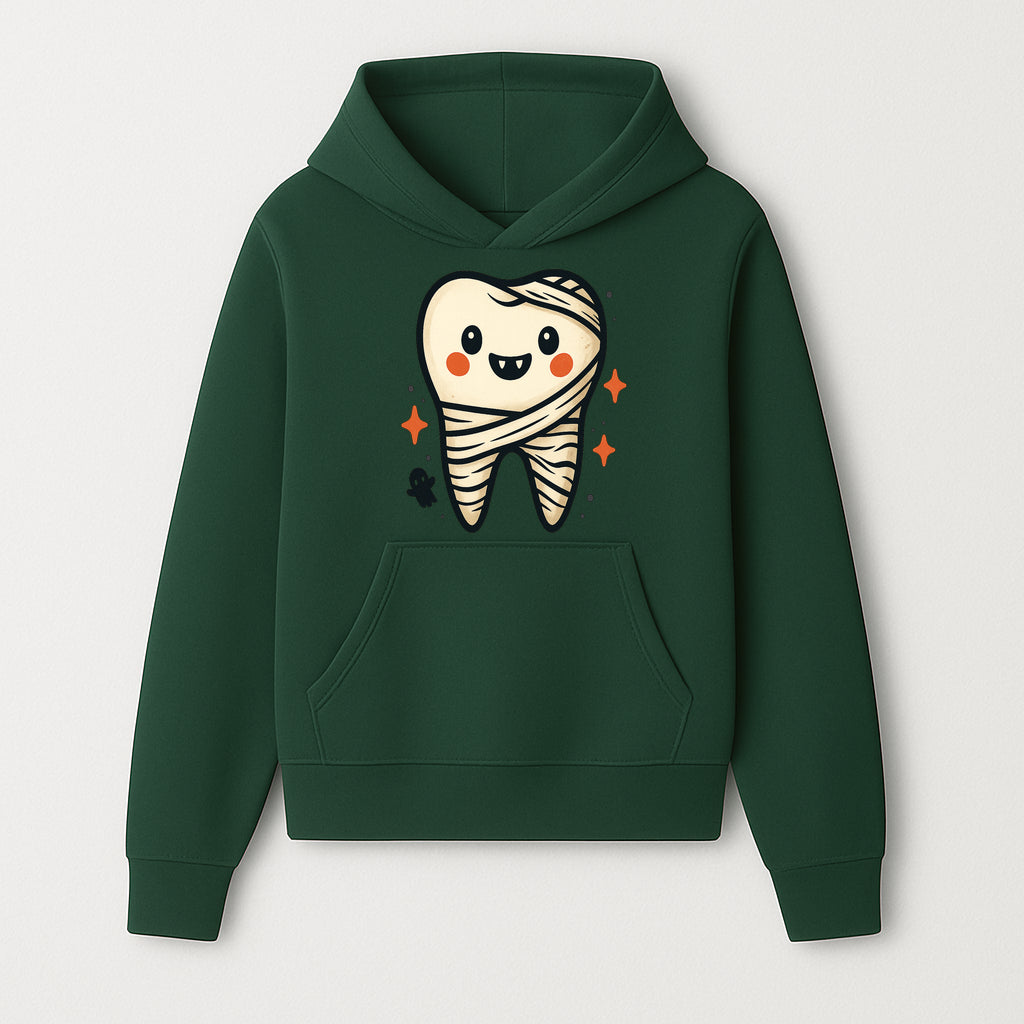 Cute Halloween Tooth Character Art Print - Spooky Mummy Tooth with Ghost and Sparkles - Whimsical Decor for Kids' Rooms - Hoodie 1758250136672.jpg