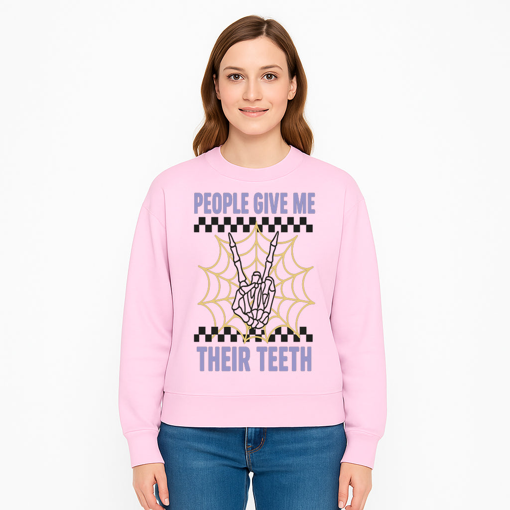 Spooky Skeleton Hand Art Print - 'People Give Me Their Teeth' Gothic Decor, Halloween Wall Art, Unique Gift Idea - Sweatshirt 1758250136776.jpg
