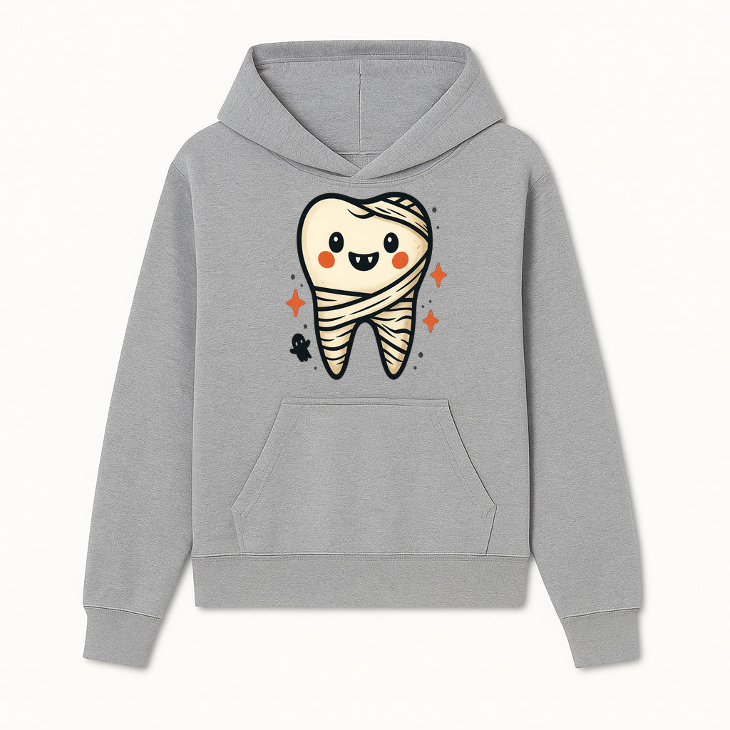 Cute Halloween Tooth Character Art Print - Spooky Mummy Tooth with Ghost and Sparkles - Whimsical Decor for Kids' Rooms - Hoodie 1758250136813.jpg