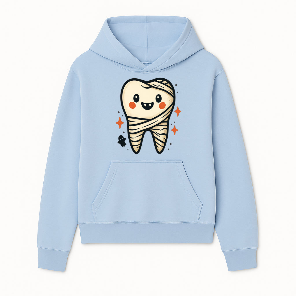 Cute Halloween Tooth Character Art Print - Spooky Mummy Tooth with Ghost and Sparkles - Whimsical Decor for Kids' Rooms - Hoodie 1758250136966.jpg