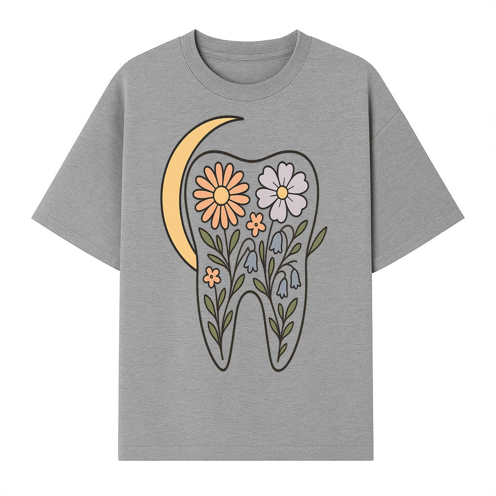 Floral Tooth Illustration with Moon Design - Vintage Style Dental Art Print for Home Decor and Gift - T-shirt 1758250136994.jpg