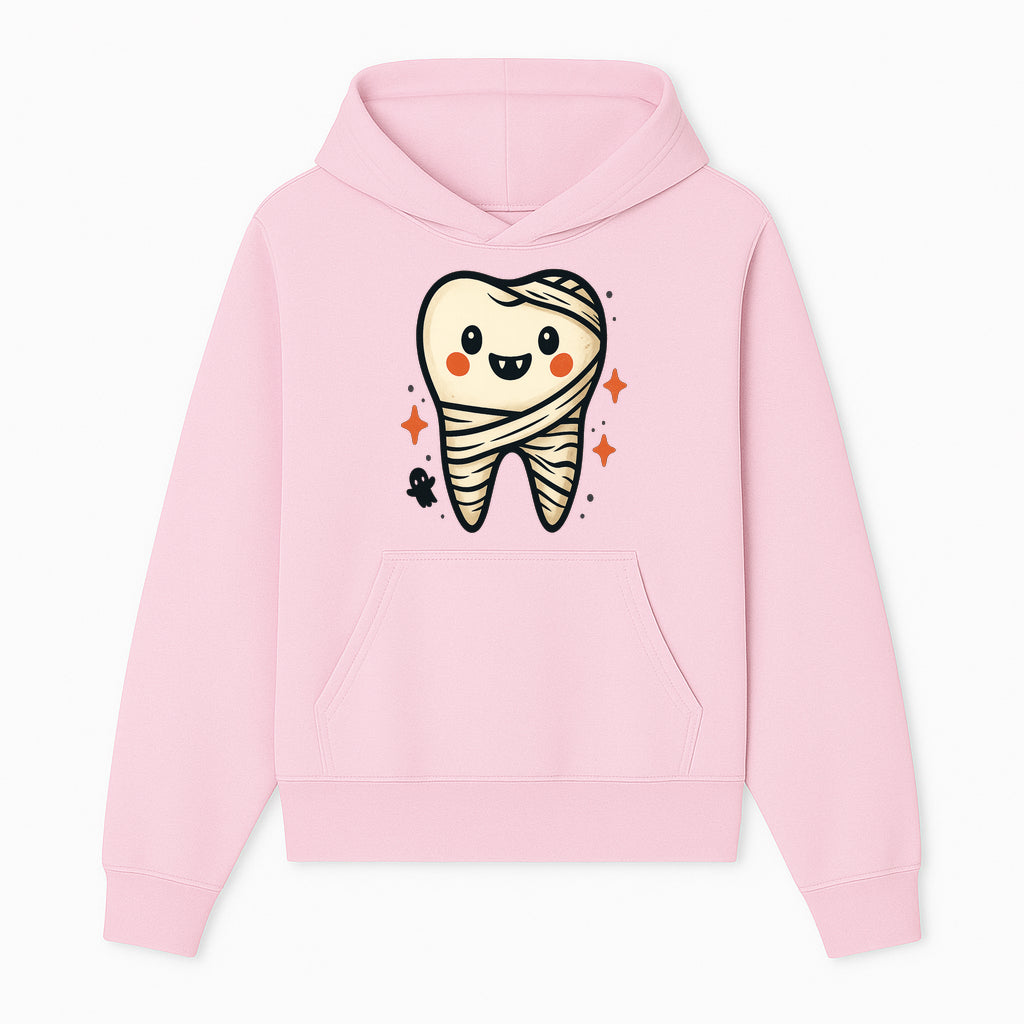 Cute Halloween Tooth Character Art Print - Spooky Mummy Tooth with Ghost and Sparkles - Whimsical Decor for Kids' Rooms - Hoodie 1758250137076.jpg