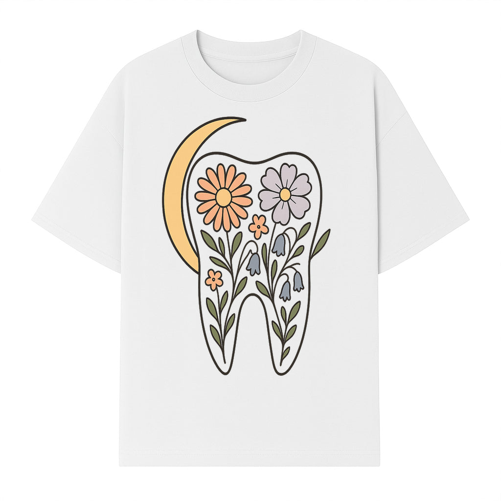 Floral Tooth Illustration with Moon Design - Vintage Style Dental Art Print for Home Decor and Gift - T-shirt 1758250137157.jpg