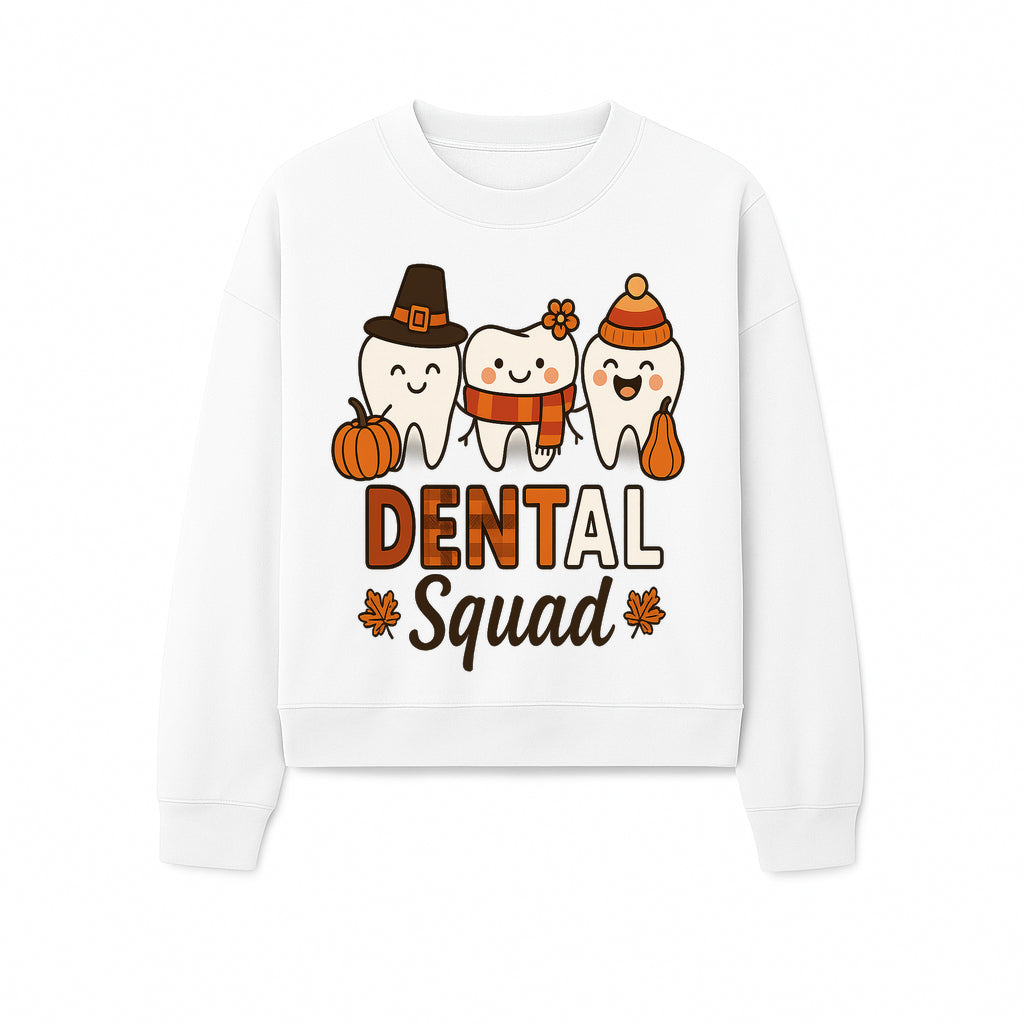 Cute Dental Squad Fall Design, Adorable Tooth Characters with Pumpkin, Autumn Themed, Kids Dental Health Awareness Art Print - Sweatshirt 1758250137225.jpg