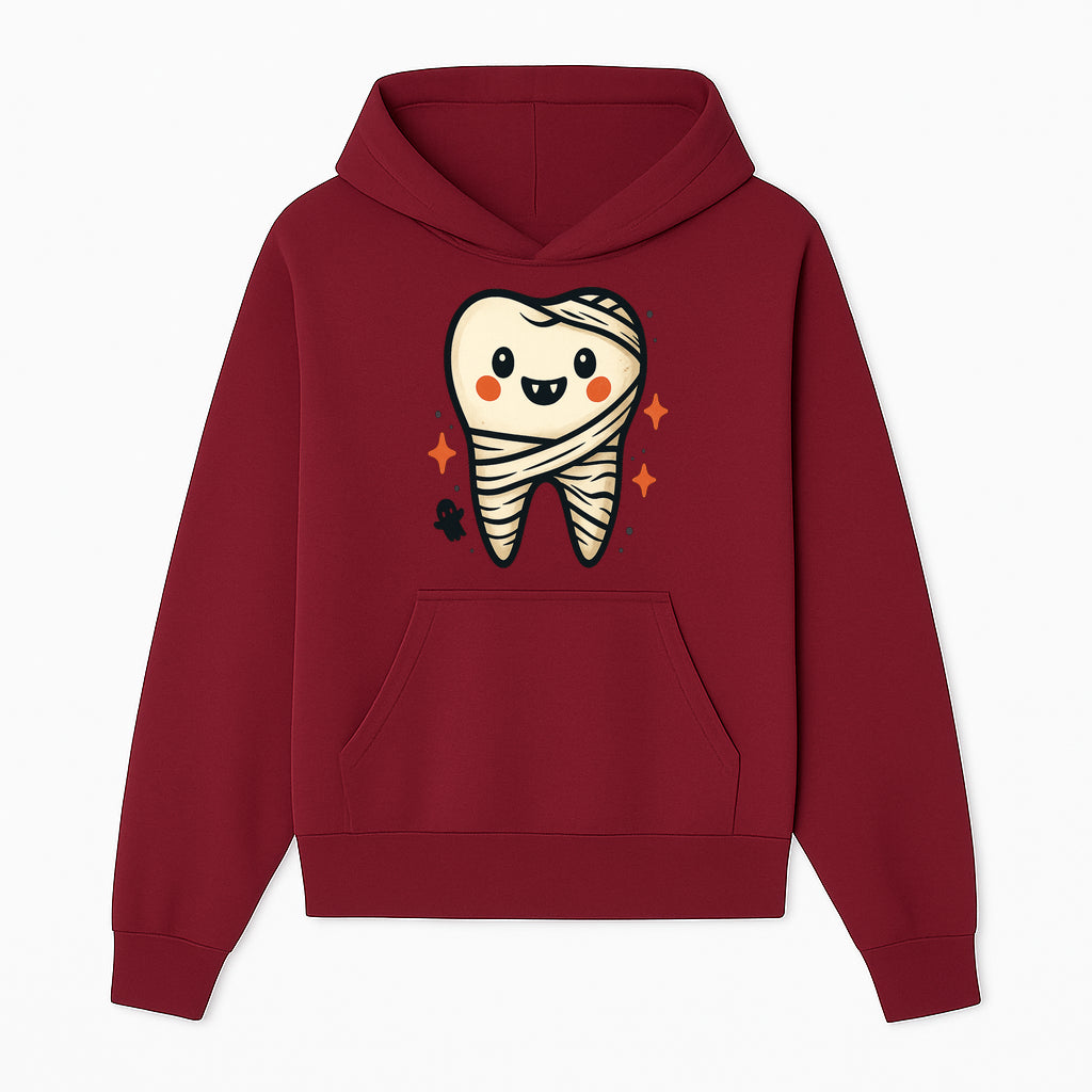 Cute Halloween Tooth Character Art Print - Spooky Mummy Tooth with Ghost and Sparkles - Whimsical Decor for Kids' Rooms - Hoodie 1758250137236.jpg
