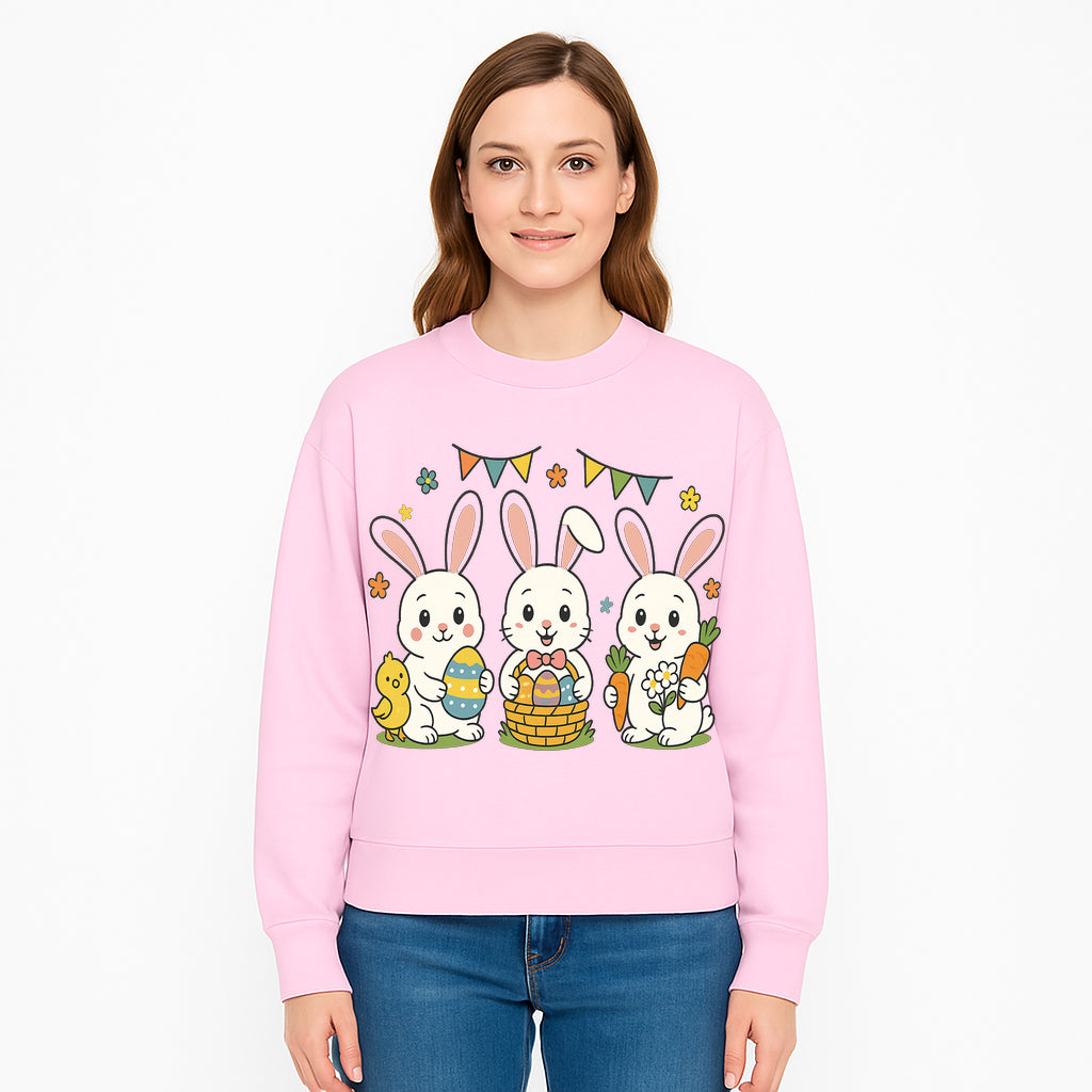 Easter Bunny Celebration Art Print | Cute Bunnies with Eggs, Carrots & Chick | Spring Holiday Decor for Kids' Rooms - Sweatshirt 1758250137614.jpg