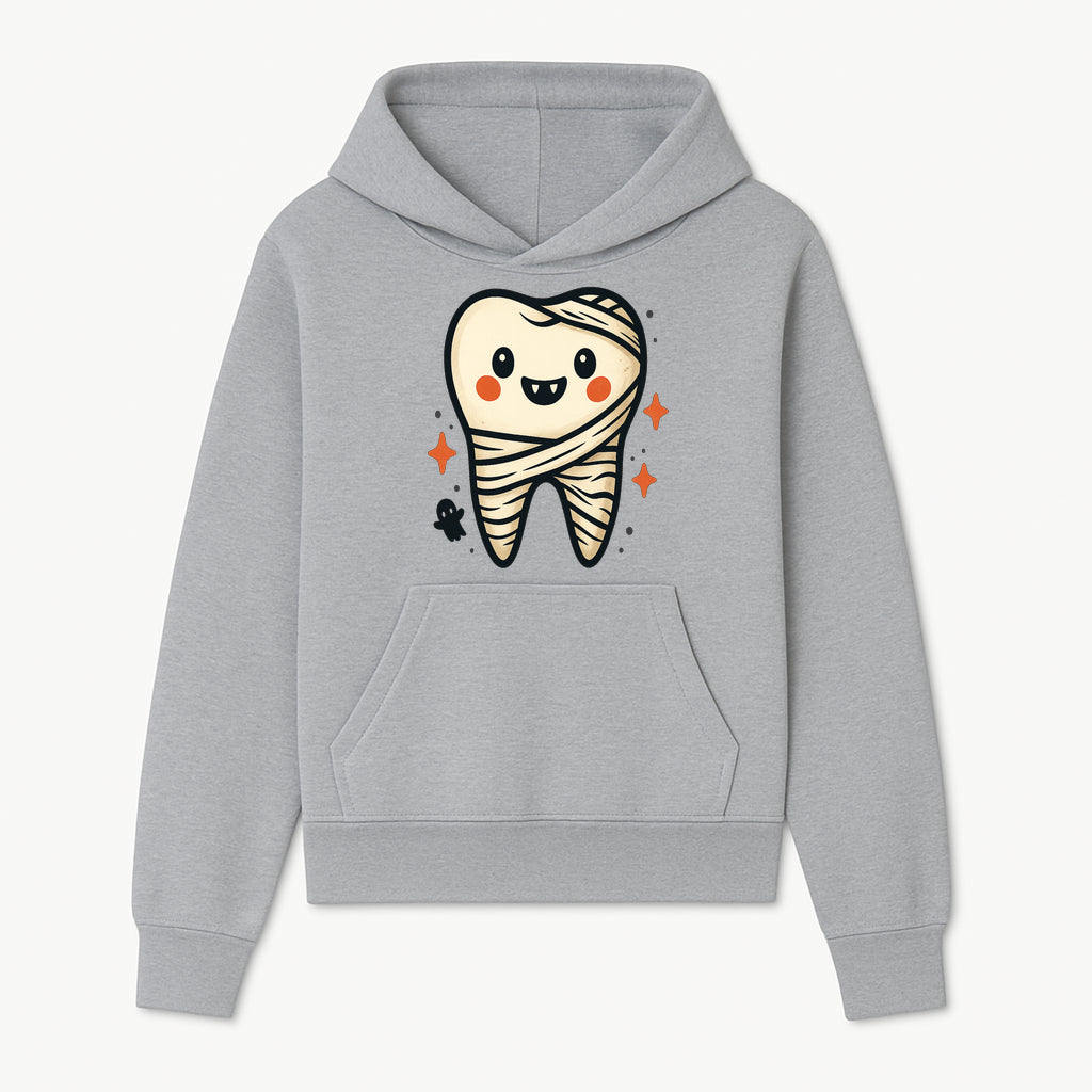 Cute Halloween Tooth Character Art Print - Spooky Mummy Tooth with Ghost and Sparkles - Whimsical Decor for Kids' Rooms - Hoodie 1758250137710.jpg