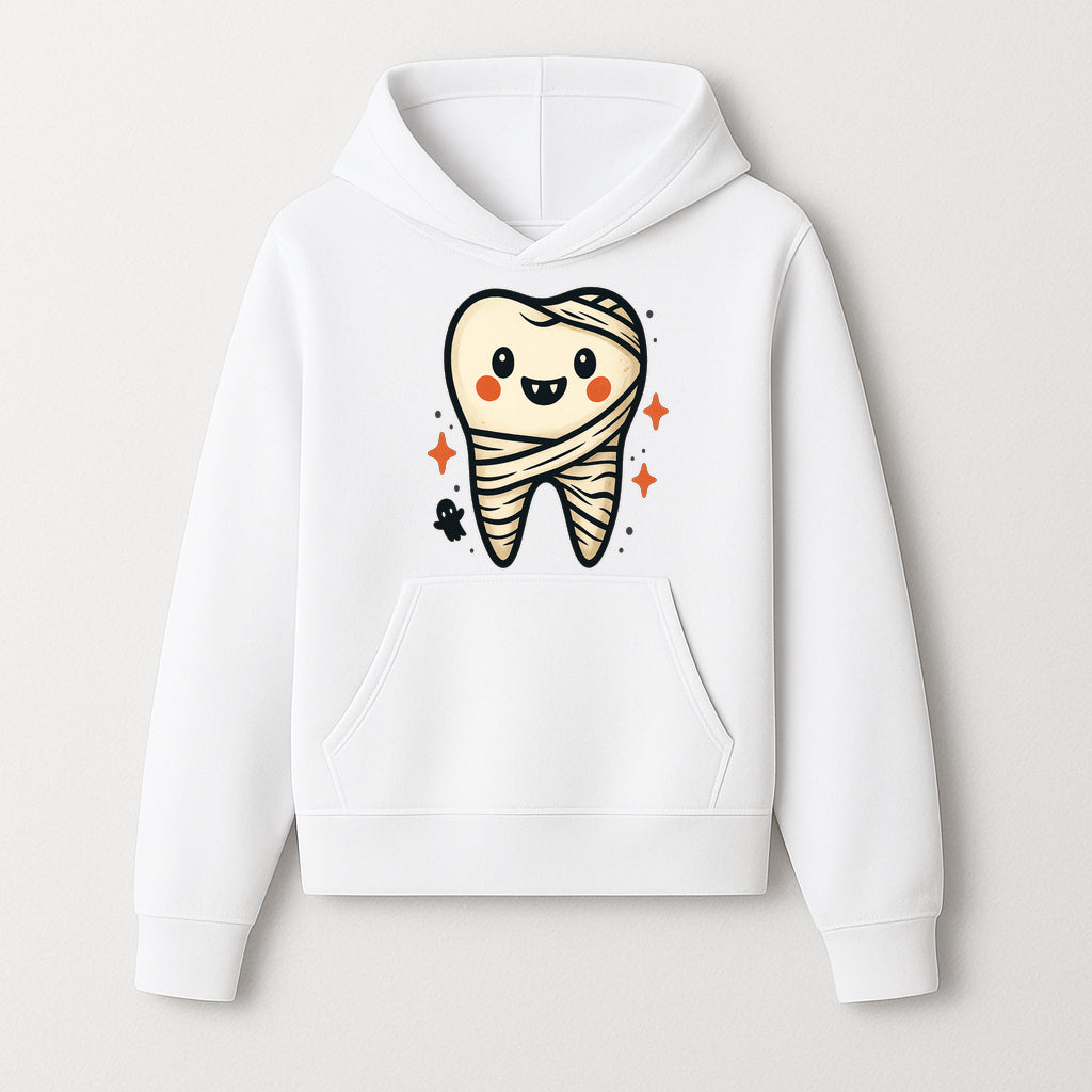 Cute Halloween Tooth Character Art Print - Spooky Mummy Tooth with Ghost and Sparkles - Whimsical Decor for Kids' Rooms - Hoodie 1758250137838.jpg