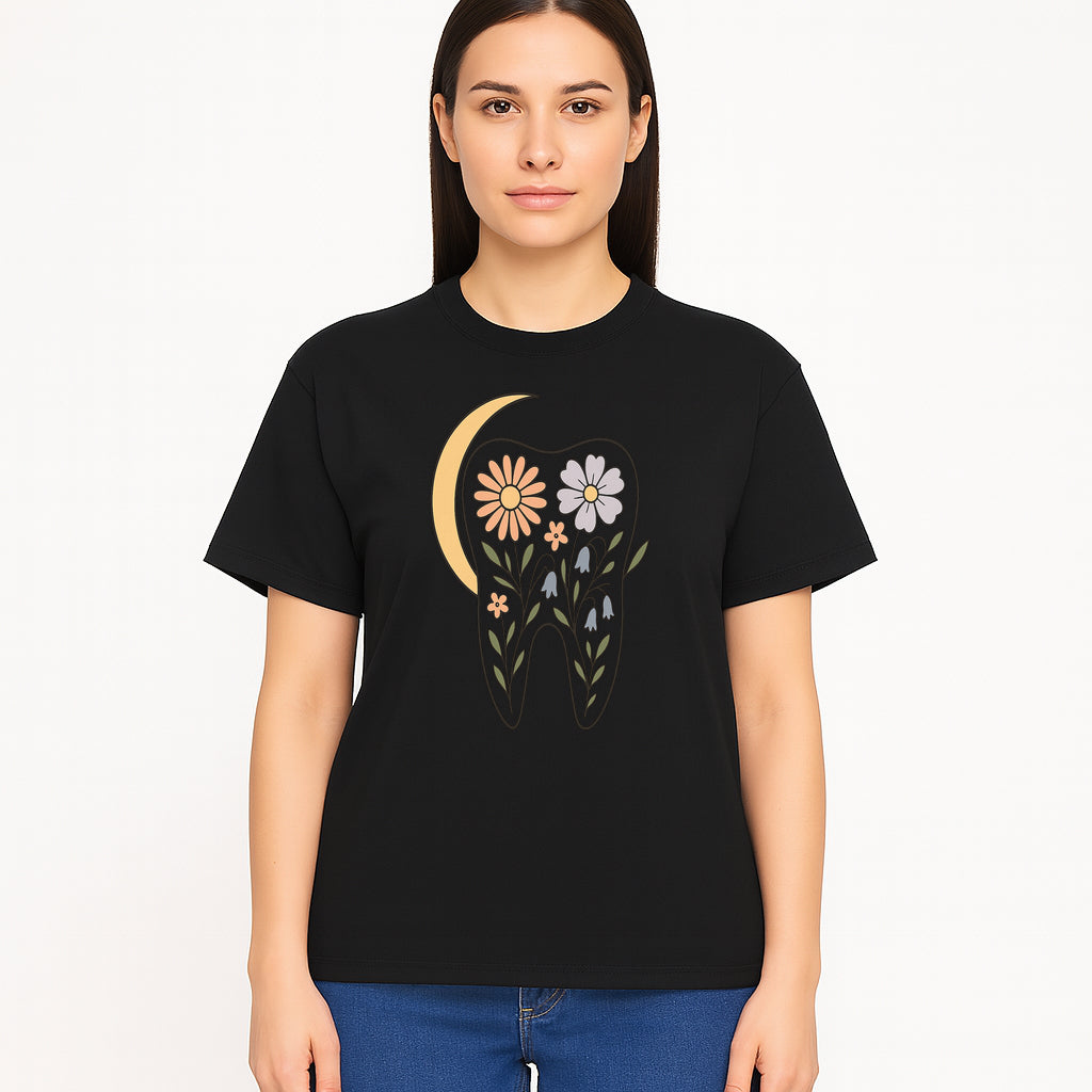 Floral Tooth Illustration with Moon Design - Vintage Style Dental Art Print for Home Decor and Gift - T-shirt 1758250138432.jpg
