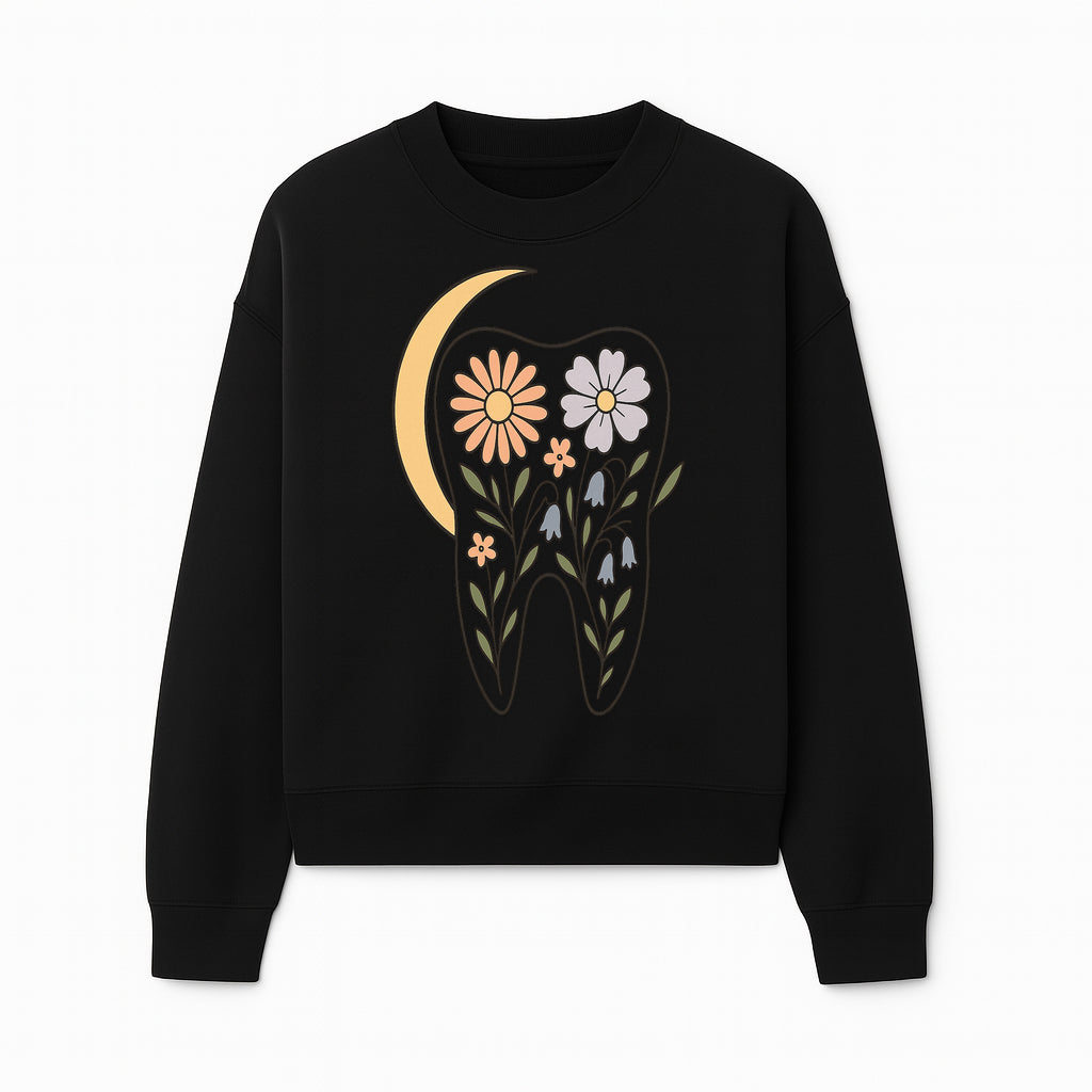 Floral Tooth Illustration with Moon Design - Vintage Style Dental Art Print for Home Decor and Gift - Sweatshirt 1758250138749.jpg