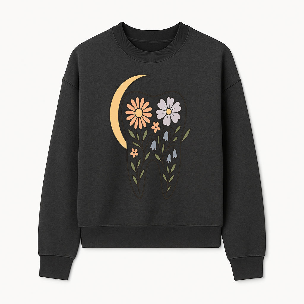 Floral Tooth Illustration with Moon Design - Vintage Style Dental Art Print for Home Decor and Gift - Sweatshirt 1758250138869.jpg