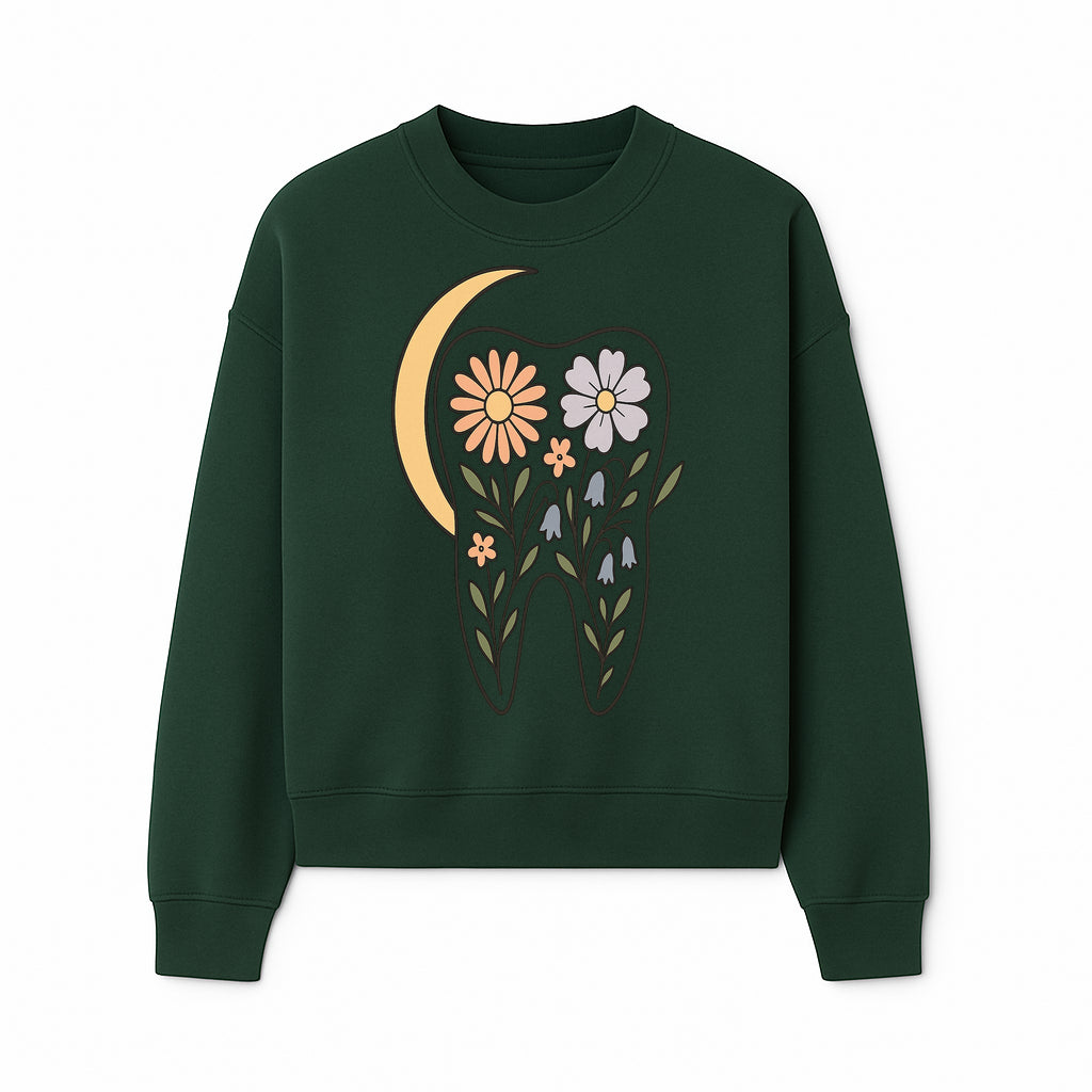 Floral Tooth Illustration with Moon Design - Vintage Style Dental Art Print for Home Decor and Gift - Sweatshirt 1758250139024.jpg