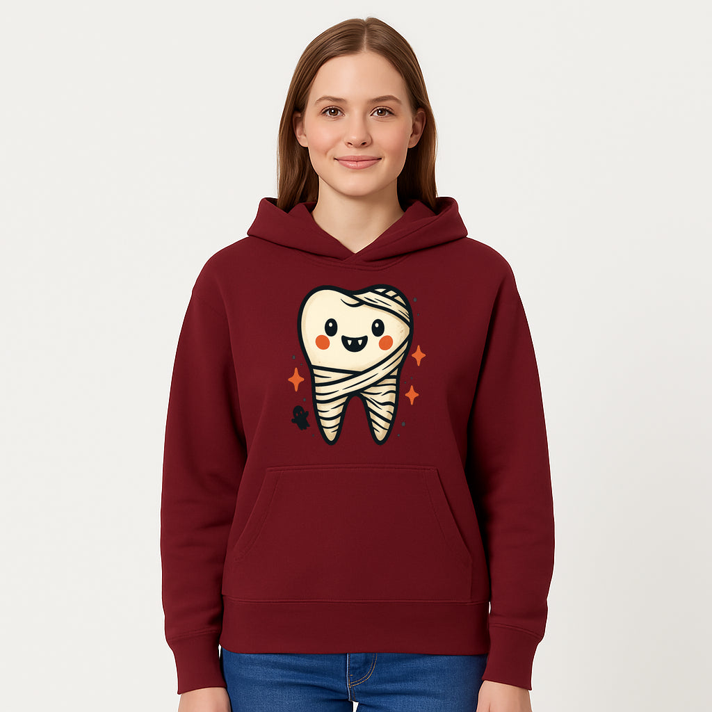 Cute Halloween Tooth Character Art Print - Spooky Mummy Tooth with Ghost and Sparkles - Whimsical Decor for Kids' Rooms - Hoodie 1758250139153.jpg