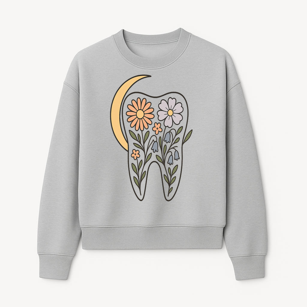 Floral Tooth Illustration with Moon Design - Vintage Style Dental Art Print for Home Decor and Gift - Sweatshirt 1758250139173.jpg