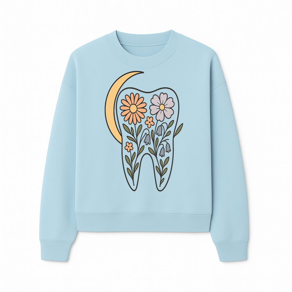Floral Tooth Illustration with Moon Design - Vintage Style Dental Art Print for Home Decor and Gift - Sweatshirt 1758250139302.jpg