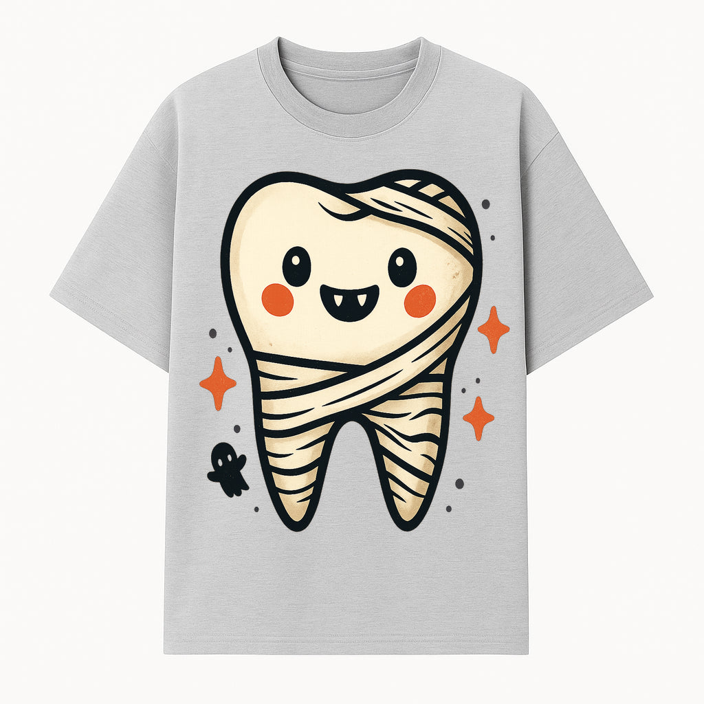 Cute Halloween Tooth Character Art Print - Spooky Mummy Tooth with Ghost and Sparkles - Whimsical Decor for Kids' Rooms - T-shirt 1758250139312.jpg