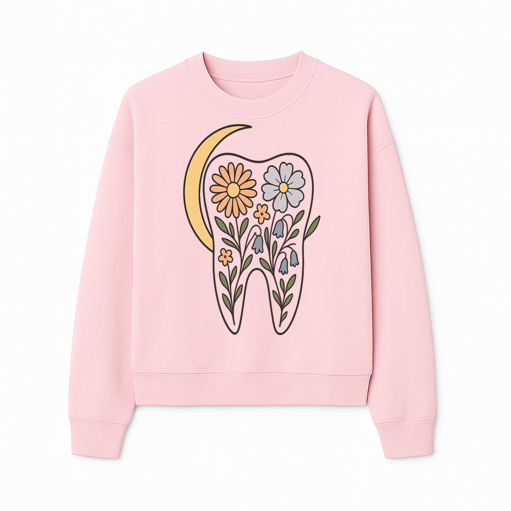 Floral Tooth Illustration with Moon Design - Vintage Style Dental Art Print for Home Decor and Gift - Sweatshirt 1758250139452.jpg