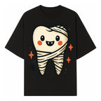 Cute Halloween Tooth Character Art Print - Spooky Mummy Tooth with Ghost and Sparkles - Whimsical Decor for Kids' Rooms - T-shirt 1758250139454.jpg