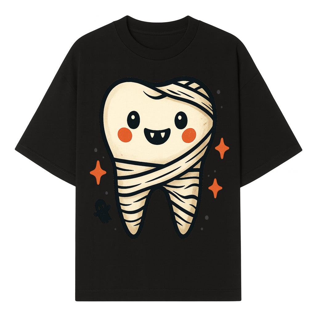 Cute Halloween Tooth Character Art Print - Spooky Mummy Tooth with Ghost and Sparkles - Whimsical Decor for Kids' Rooms - T-shirt 1758250139454.jpg