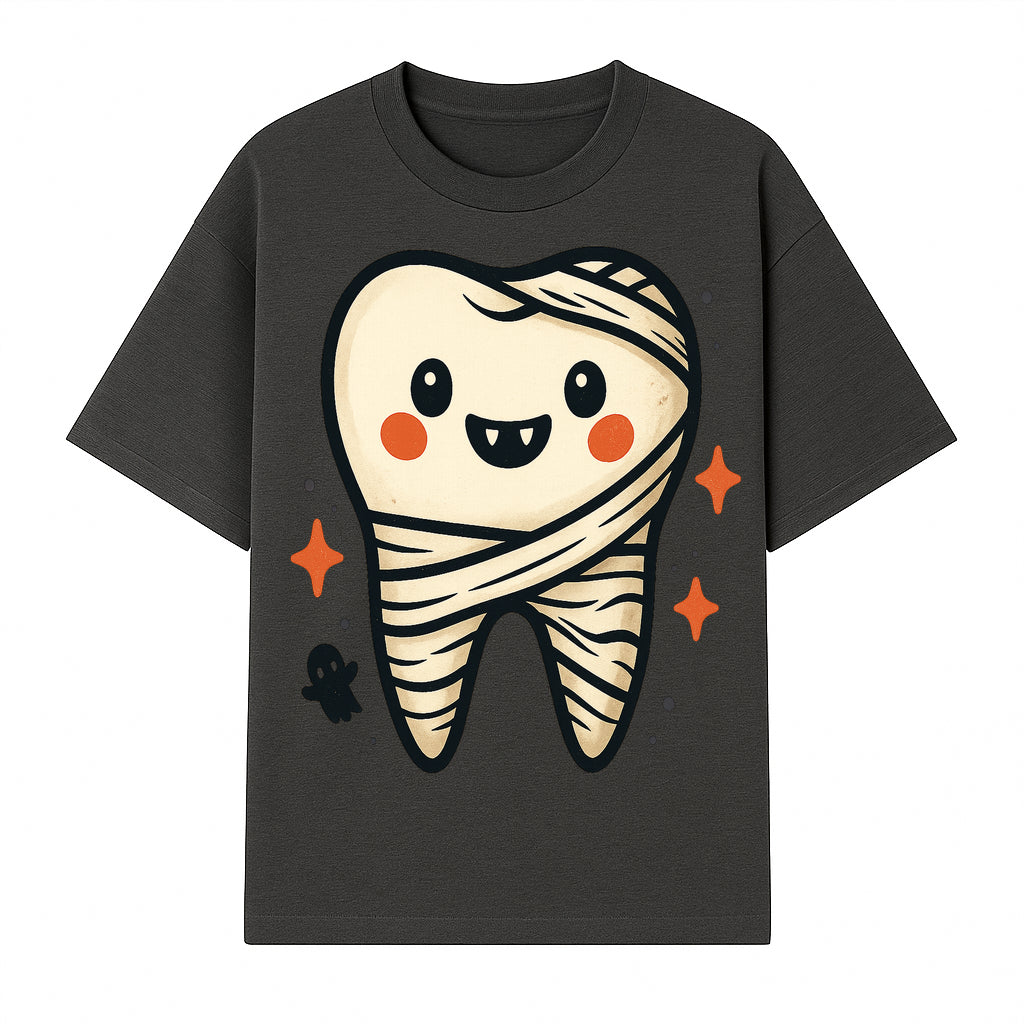 Cute Halloween Tooth Character Art Print - Spooky Mummy Tooth with Ghost and Sparkles - Whimsical Decor for Kids' Rooms - T-shirt 1758250139597.jpg