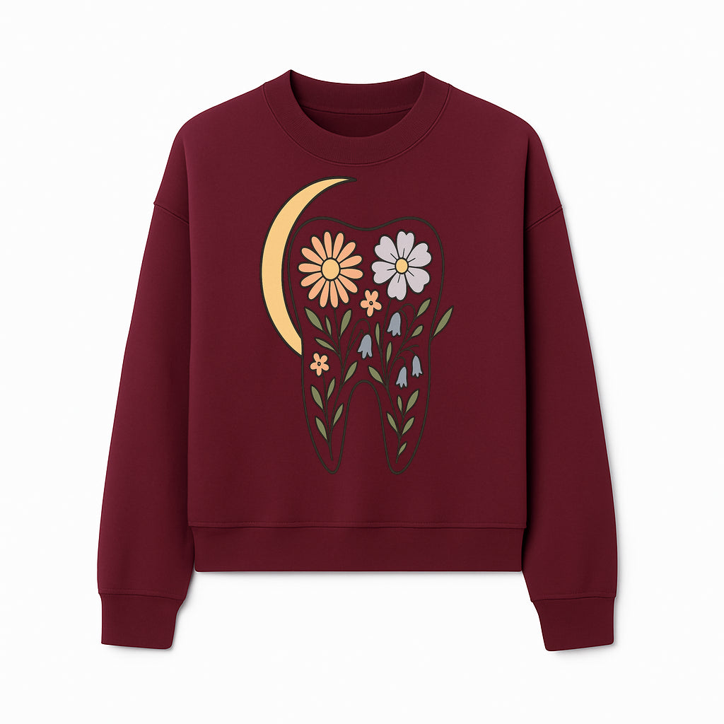 Floral Tooth Illustration with Moon Design - Vintage Style Dental Art Print for Home Decor and Gift - Sweatshirt 1758250139597.jpg