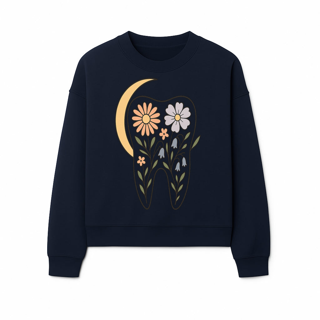 Floral Tooth Illustration with Moon Design - Vintage Style Dental Art Print for Home Decor and Gift - Sweatshirt 1758250139746.jpg