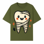 Cute Halloween Tooth Character Art Print - Spooky Mummy Tooth with Ghost and Sparkles - Whimsical Decor for Kids' Rooms - T-shirt 1758250139838.jpg