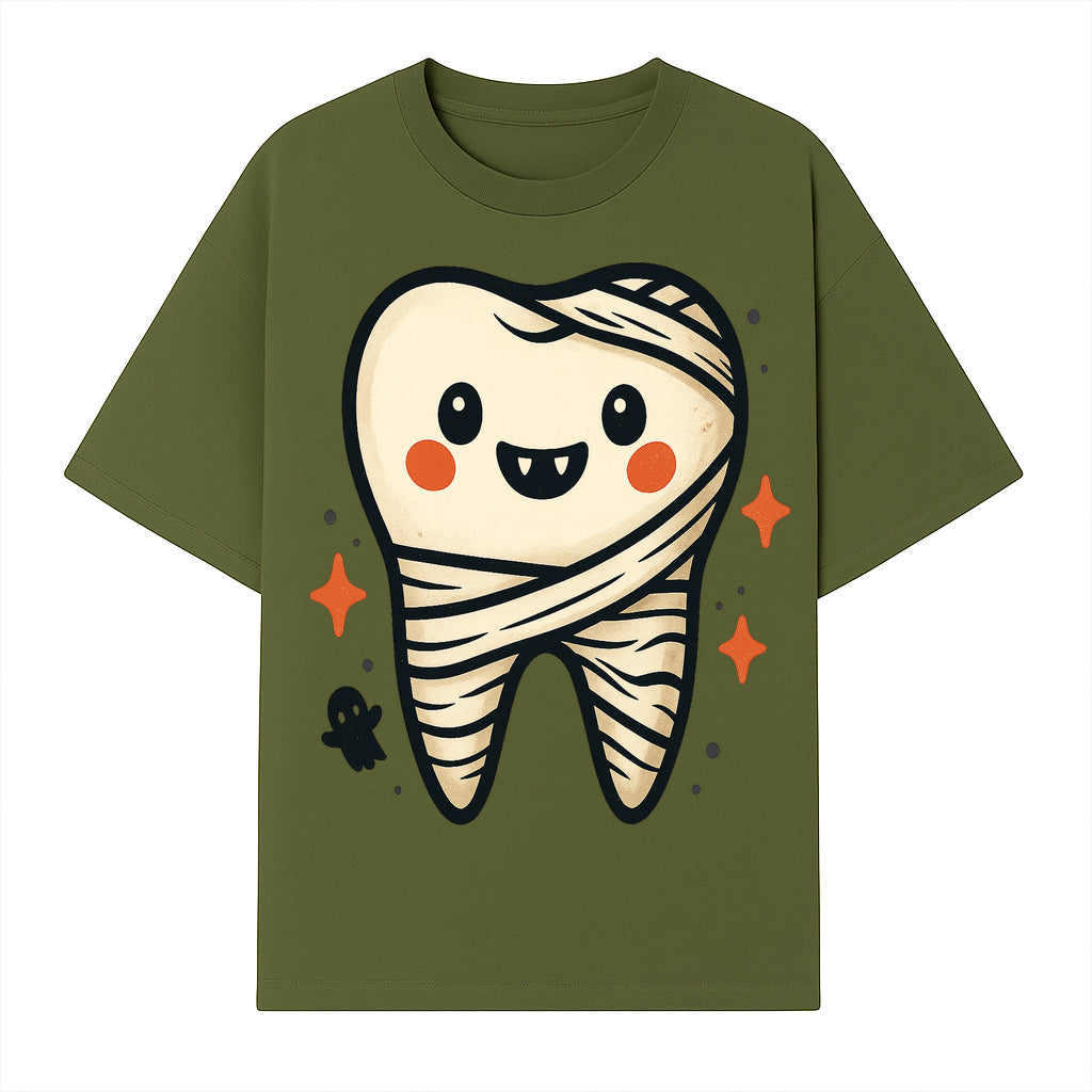Cute Halloween Tooth Character Art Print - Spooky Mummy Tooth with Ghost and Sparkles - Whimsical Decor for Kids' Rooms - T-shirt 1758250139838.jpg