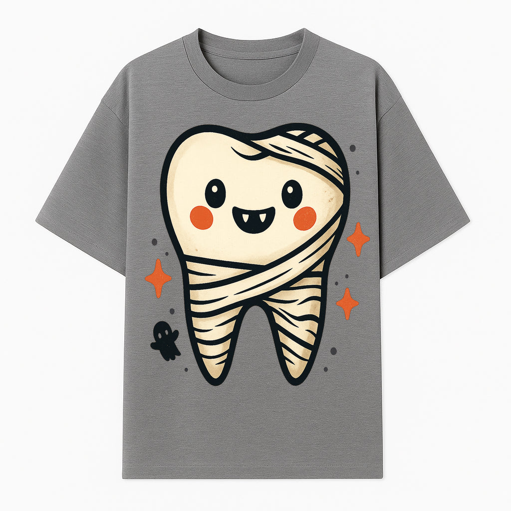Cute Halloween Tooth Character Art Print - Spooky Mummy Tooth with Ghost and Sparkles - Whimsical Decor for Kids' Rooms - T-shirt 1758250140004.jpg