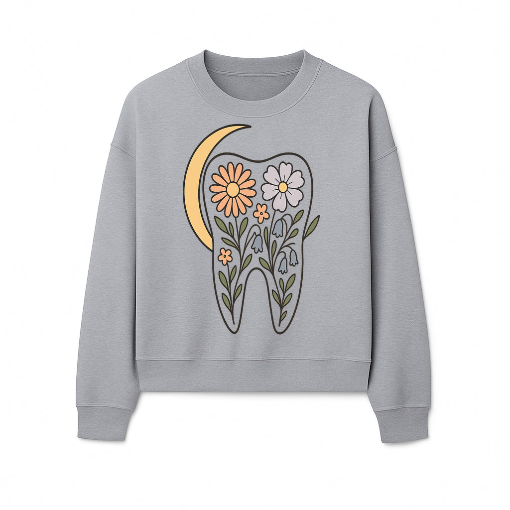 Floral Tooth Illustration with Moon Design - Vintage Style Dental Art Print for Home Decor and Gift - Sweatshirt 1758250140065.jpg