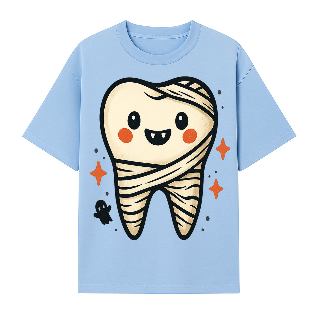Cute Halloween Tooth Character Art Print - Spooky Mummy Tooth with Ghost and Sparkles - Whimsical Decor for Kids' Rooms - T-shirt 1758250140138.jpg