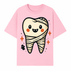 Cute Halloween Tooth Character Art Print - Spooky Mummy Tooth with Ghost and Sparkles - Whimsical Decor for Kids' Rooms - T-shirt 1758250140306.jpg