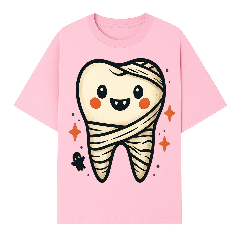 Cute Halloween Tooth Character Art Print - Spooky Mummy Tooth with Ghost and Sparkles - Whimsical Decor for Kids' Rooms - T-shirt 1758250140306.jpg
