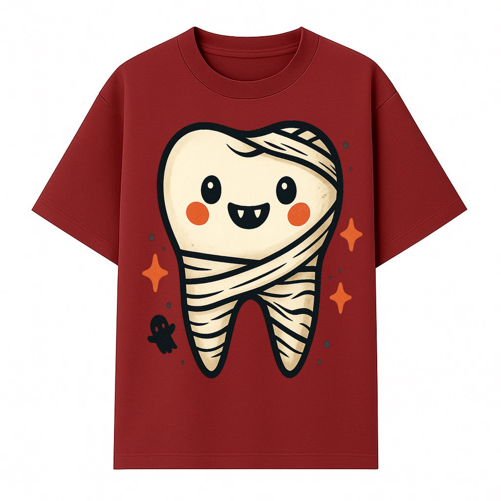 Cute Halloween Tooth Character Art Print - Spooky Mummy Tooth with Ghost and Sparkles - Whimsical Decor for Kids' Rooms - T-shirt 1758250140424.jpg