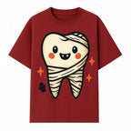 Cute Halloween Tooth Character Art Print - Spooky Mummy Tooth with Ghost and Sparkles - Whimsical Decor for Kids' Rooms - T-shirt 1758250140424.jpg