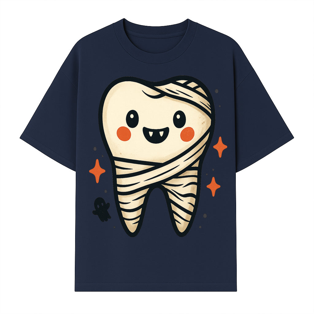 Cute Halloween Tooth Character Art Print - Spooky Mummy Tooth with Ghost and Sparkles - Whimsical Decor for Kids' Rooms - T-shirt 1758250140606.jpg