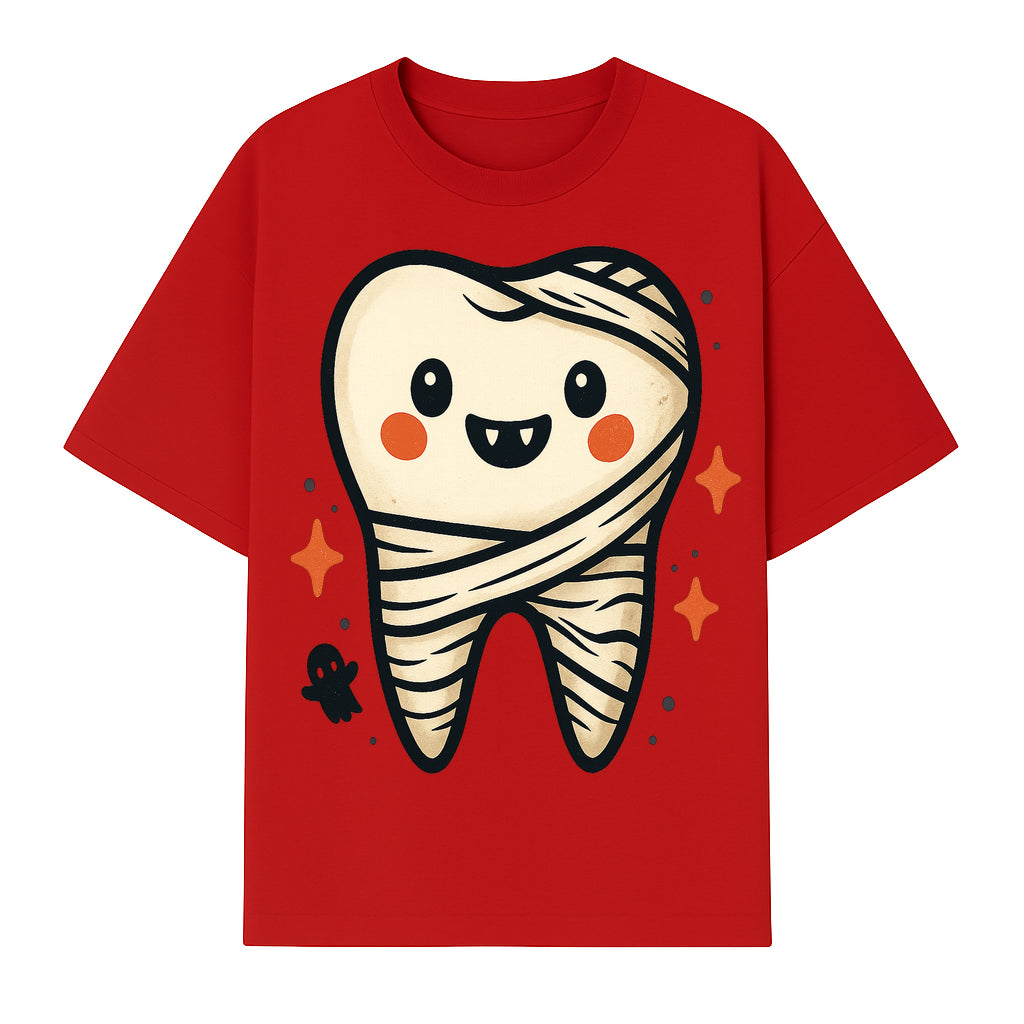 Cute Halloween Tooth Character Art Print - Spooky Mummy Tooth with Ghost and Sparkles - Whimsical Decor for Kids' Rooms - T-shirt 1758250140768.jpg