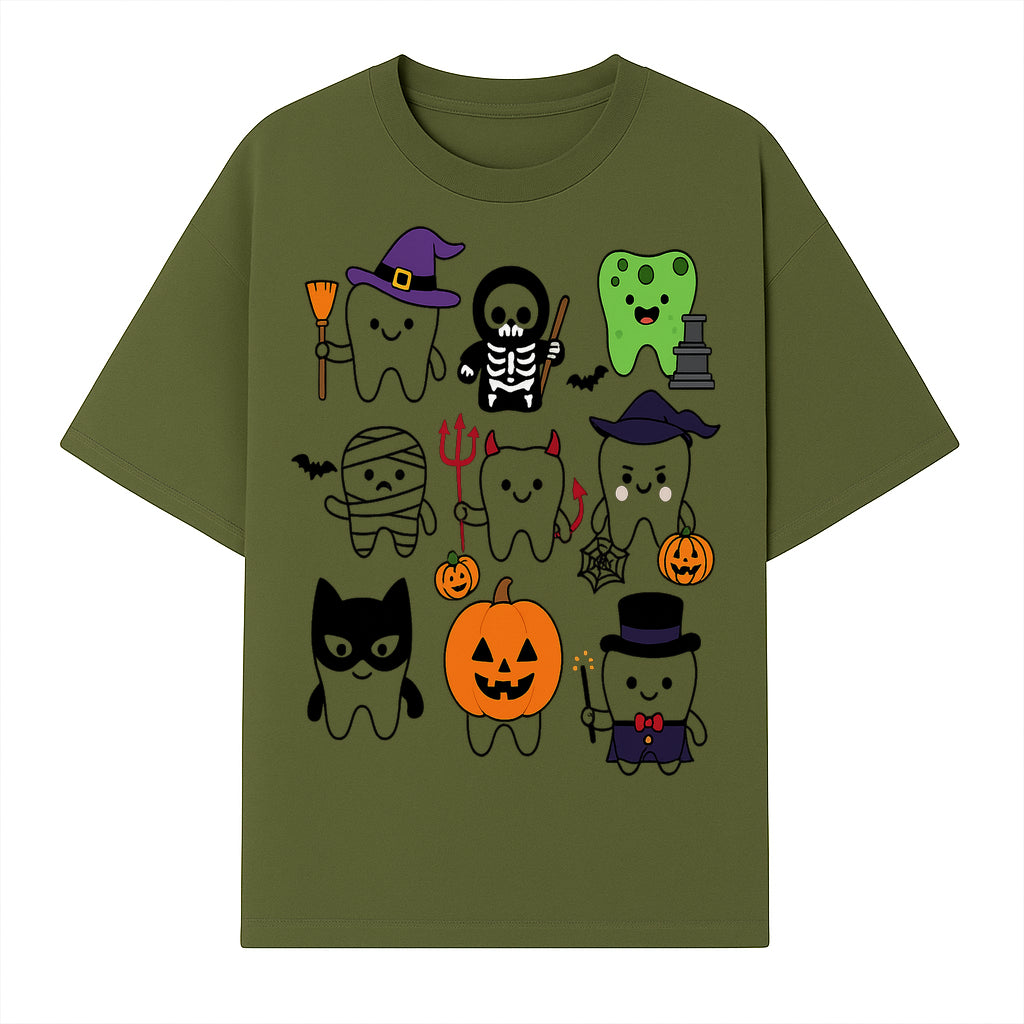 Halloween Tooth Characters Stickers | Cute Spooky Dental Themed Decor | Ghosts, Pumpkins, Skulls, and Mummies Design - T-shirt 1758250140772.jpg