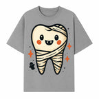 Cute Halloween Tooth Character Art Print - Spooky Mummy Tooth with Ghost and Sparkles - Whimsical Decor for Kids' Rooms - T-shirt 1758250140928.jpg