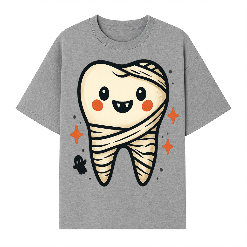 Cute Halloween Tooth Character Art Print - Spooky Mummy Tooth with Ghost and Sparkles - Whimsical Decor for Kids' Rooms - T-shirt 1758250140928.jpg