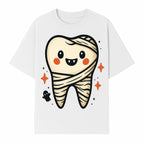 Cute Halloween Tooth Character Art Print - Spooky Mummy Tooth with Ghost and Sparkles - Whimsical Decor for Kids' Rooms - T-shirt 1758250141074.jpg